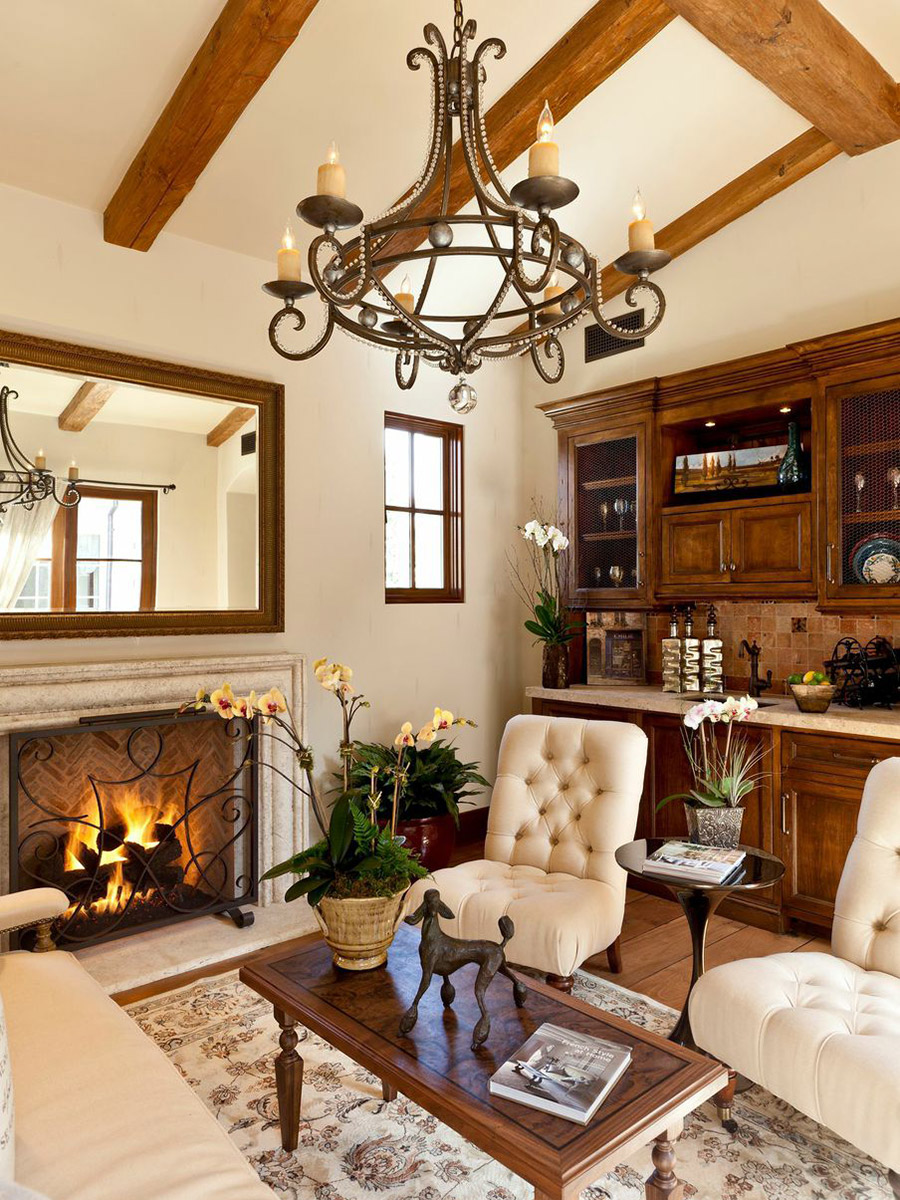 French Provincial Styled Living Room Design With Fireplace